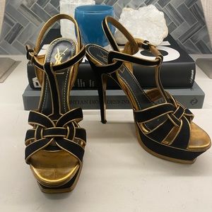 YSL Tributes in Black suede and gold. Stunning color combo Size 39